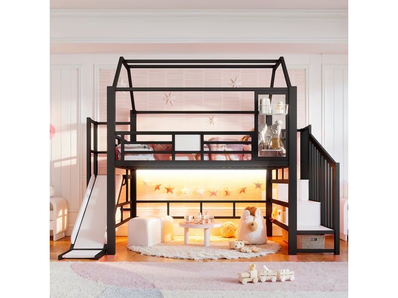 Lit mezzanine 140x200 cm, structure en métal et bois, coloris noir, rangements intégrés, led via bluetooth, escalier sécurisé, garde-corps, toboggan - Conforama E