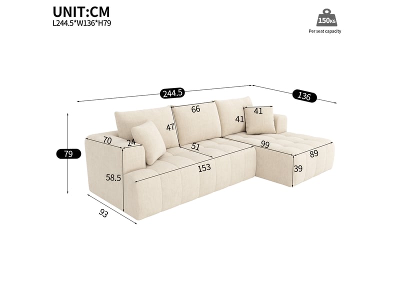  Canapé d'angle modulable en l 244,5 cm, canapé nuage en chenille, modules combinables, sans montage, beige  - Conforama C