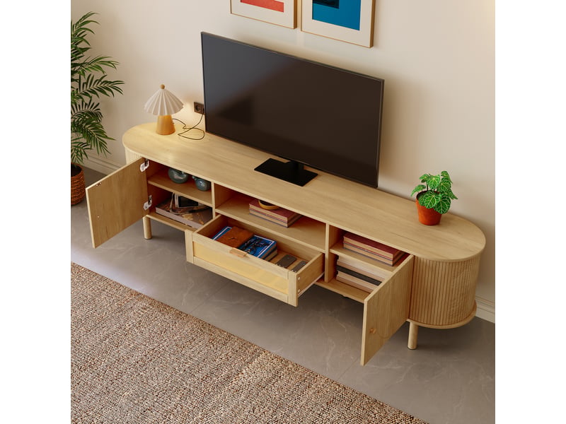  Meuble tv rotin avec plateau en bois arrondi, 175 cm, tiroirs de rangement et pieds en métal, style moderne pour salon  - Conforama C