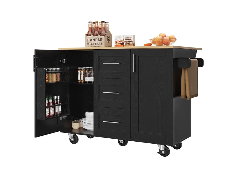  Îlot de cuisine 135x46x90.8cm, desserte avec 2 portes, 3 tiroris, plateau pliable, espace de rangement, roulette, mdf noir  - Conforama A
