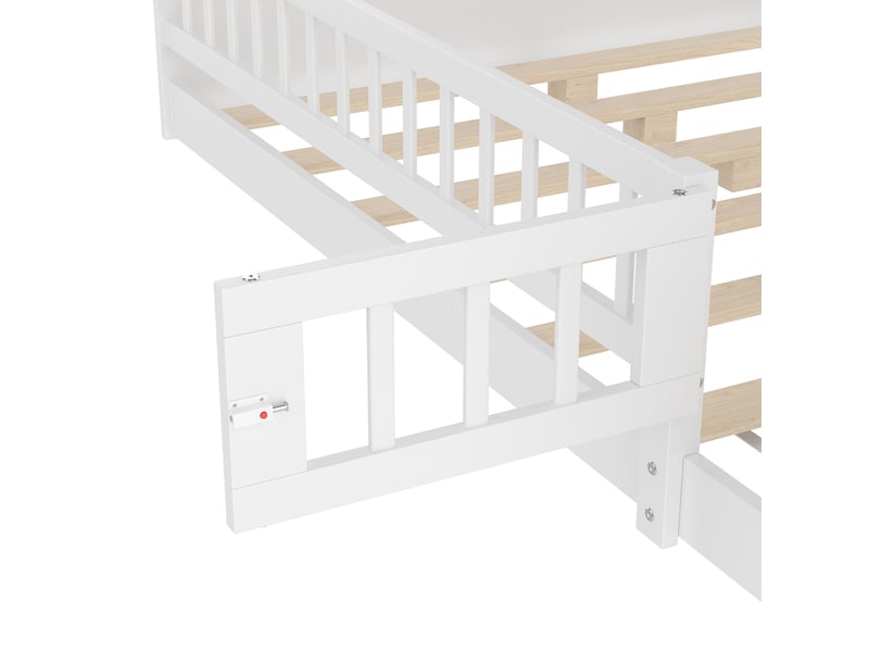  Lit enfant 140x200 cm blanc en pin avec rangements ouverts et portillon  - Conforama R