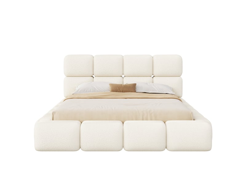 Lit double 180×200 cm avec rangement hydraulique, design bubble, bouclé blanc - Conforama A