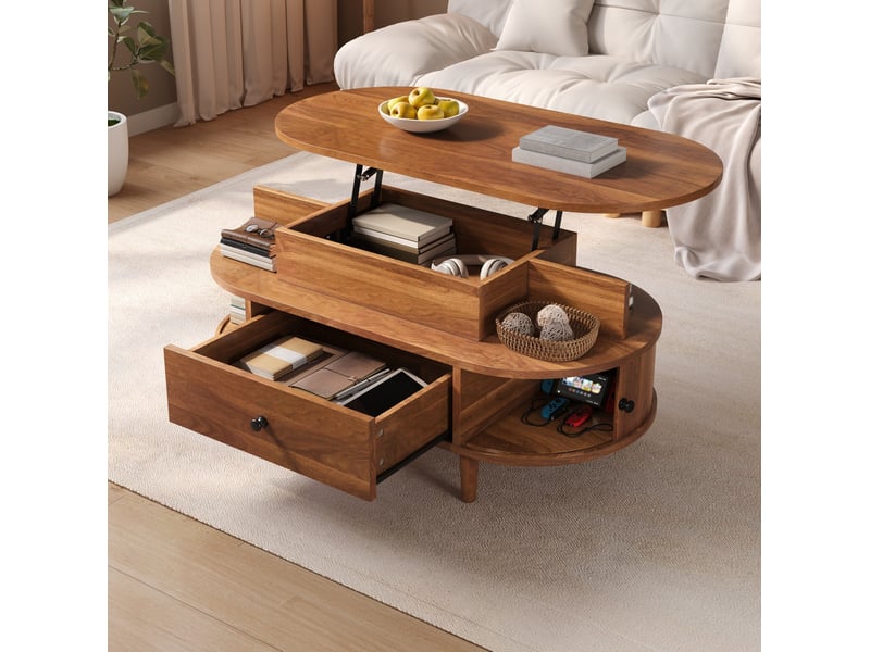 Table basse ovale relevable 105x50x60,5 cm avec rangement, mdf coloris noyer - Conforama W