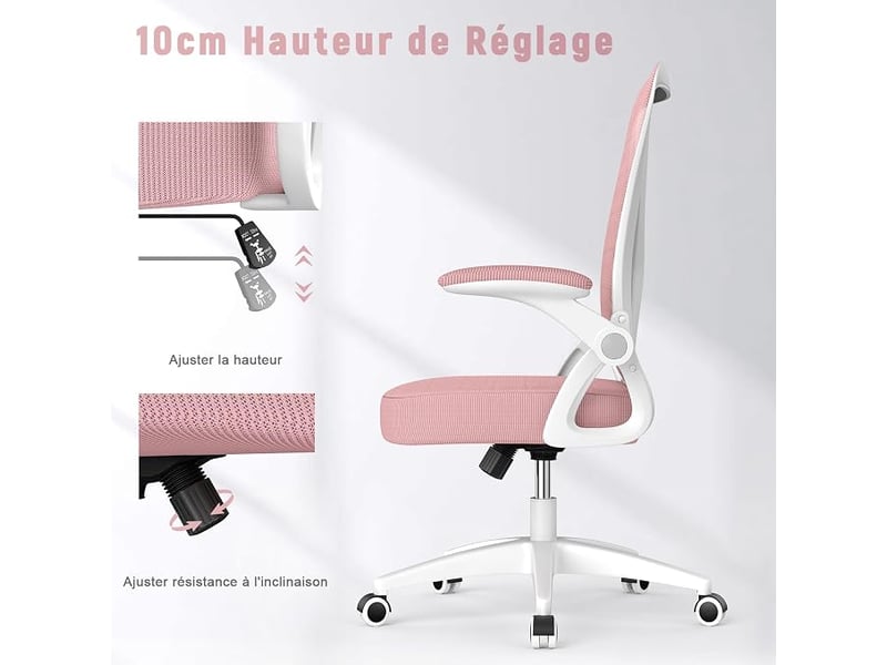  Chaise de bureau avec accoudoirs relevables, rose, sans appui-tête  - Conforama D