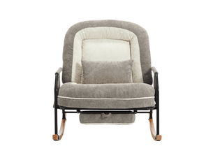 Fauteuil à bascule avec repose-pieds, fausse fourrure gris clair, dossier réglable, pochette latérale, coussin rembourré, intérieur extérieur