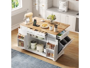 Desserte de cuisine à roulettes avec plan rabattable, prise et espace poubelle coulissant, 138×86×92 cm, blanc naturel
