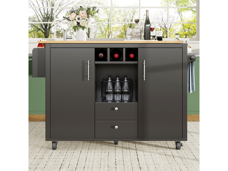  Îlot de cuisine noir et blanc avec plateau pliant, rangement pour vin et épices, 137x73x92 cm  - Conforama E