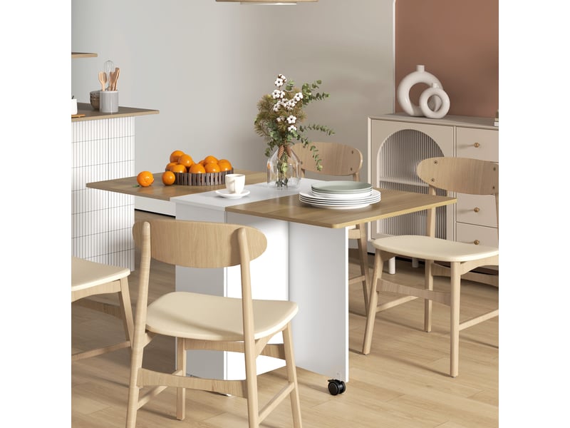  Table à manger pliable pour 6 personnes, table de cuisine sur roulettes avec 2 tiroirs 2 placards, 140x76x74cm, blanc  - Conforama D