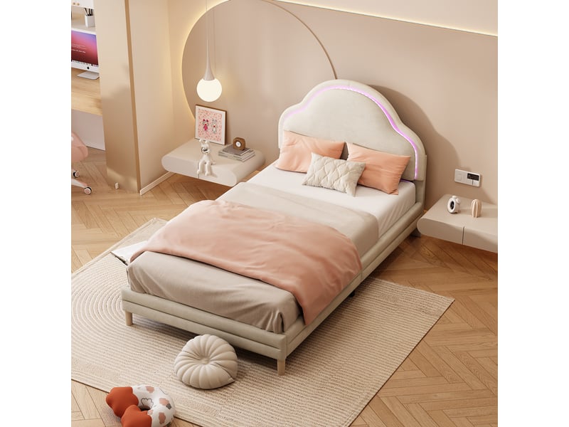  Lit enfant 90 × 200 cm 1 place avec led multicolore et tête de lit nuage, sans matelas, en velours beige  - Conforama C