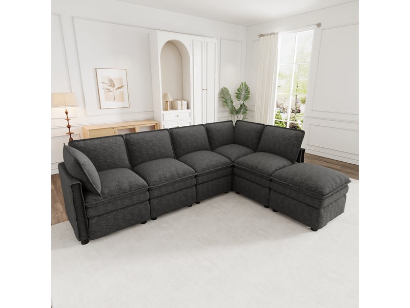  Canapé modulaire 6 places convertible en u ou l avec ottoman mobile - lpospi - assises doubles chenille gris  - Conforama B