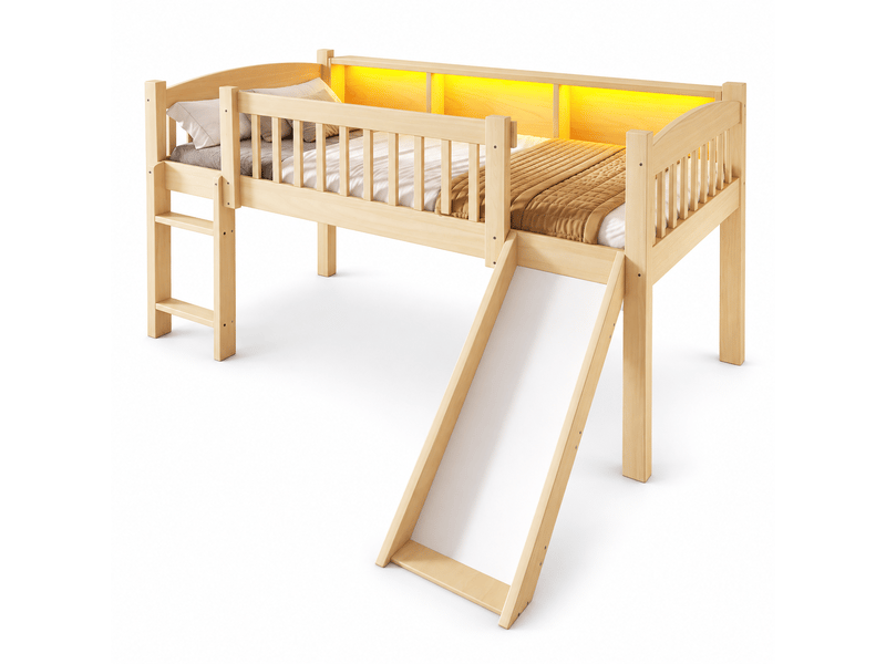 Lit mi-hauteur enfant 90x200 cm avec toboggan, 3 placards de rangement, led multicolores et usb, échelle, pin et mdf, naturel OMNIGLINT TRADING LTD - Conforama A