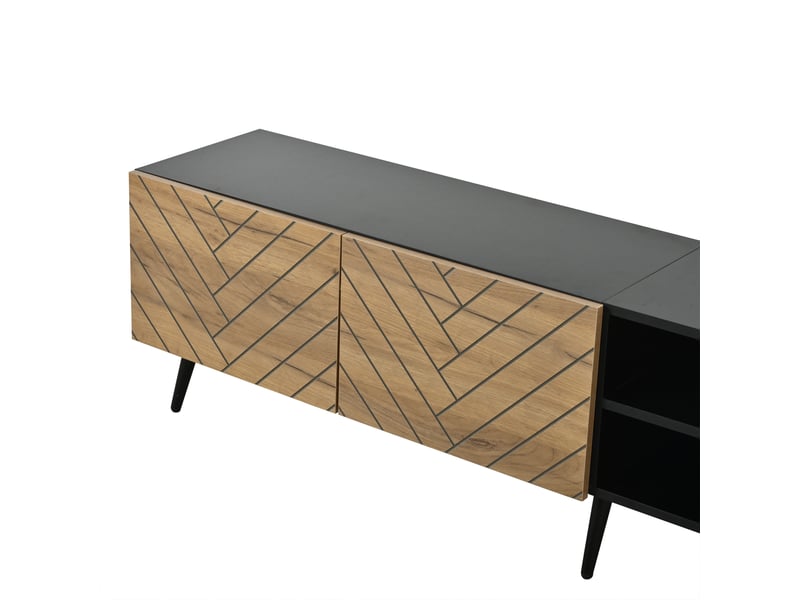  Meuble tv 180 cm pour télévision jusqu'à 75 pouces, meuble tv noir et bois avec rangement, portes et passe-câbles  - Conforama A