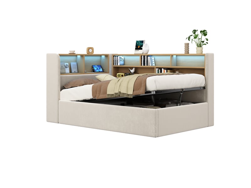  Lit banquette avec coffre 90x200 cm, rangement hydraulique, led, usb et usb-c, tête de lit avec étagères, sommier à lattes, velours, beige  - Conforama A