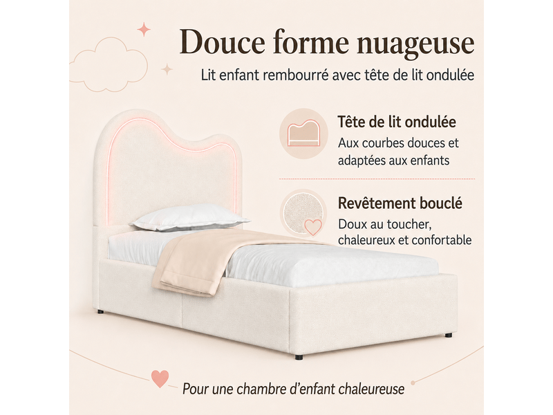  Lit coffre enfant 90x200 cm avec sommier à lattes, lit simple tissu bouclette blanc, tête de lit nuage led, charge 150kg.  - Conforama E