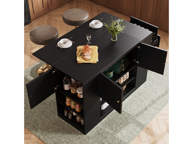  Îlot de cuisine noir 140 cm avec plateau rabattable, meuble de cuisine avec tiroirs et étagères, buffet en mdf pour salle à manger  - Conforama E
