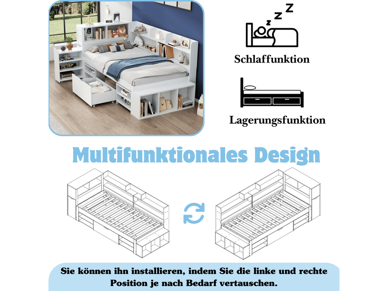  Lit enfant 90x200cm lit adolescent lit simple en bois avec table de chevet caché étagère de rangement tiroir sommier à latte, blanc  - Conforama W