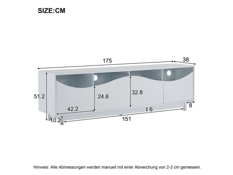  Meuble tv incurvé blanc brillant avec porte en verre trempé et éclairage led – 175×38×51 cm – salon &amp; chambre  - Conforama C