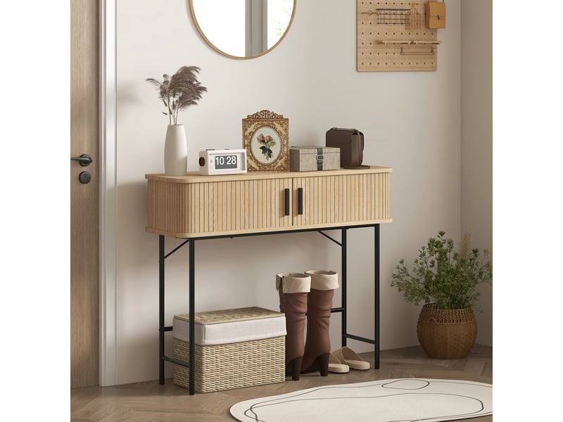  Console meuble, table console avec portes coulissantes à lattes et pieds en acier, chêne et noir, pour salon  - Conforama D