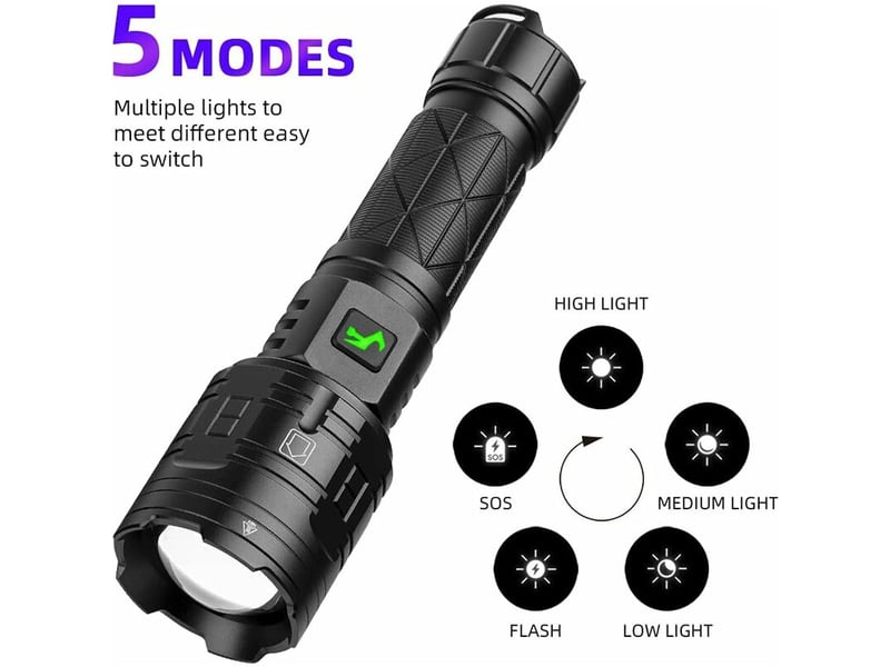 Lampe torche led ultra puissante, 15000 lumens lampe de poche rechargeable usb avec 5 modes d'éclairage, torches zoomables étanche ipx5 (batterie 2665 - Conforama B