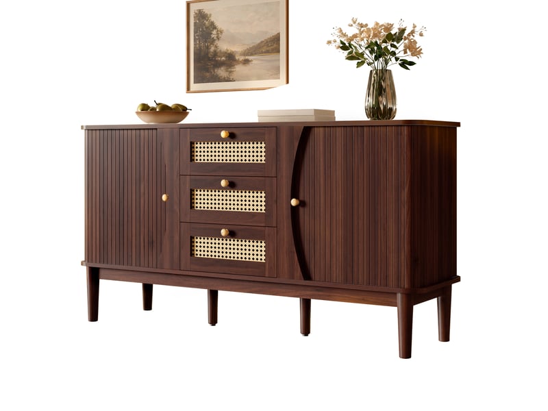  Buffet 141 x 40 x 77 cm avec 3 tiroirs en rotin et 2 portes coulissantes, étagères réglables, mdf coloris noyer  - Conforama A