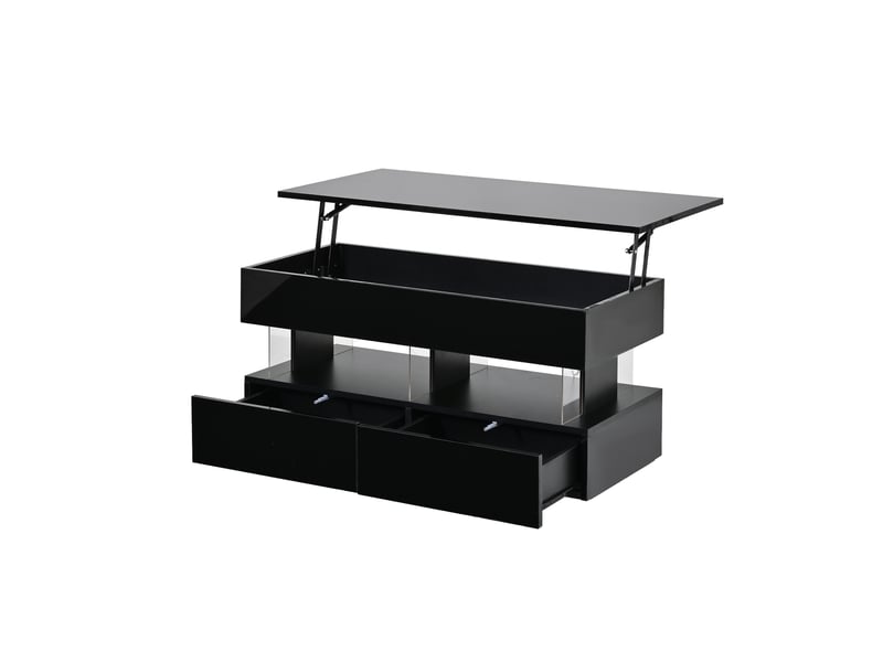  Table bassetable d'appoint relevable 100 x 50 x 46 cm avec plateau réglable en hauteur et rangement dissimulé, finition brillante avec éclairage led, table basse à 2 tiroirs, noir, mdf + acrylique  - Conforama D