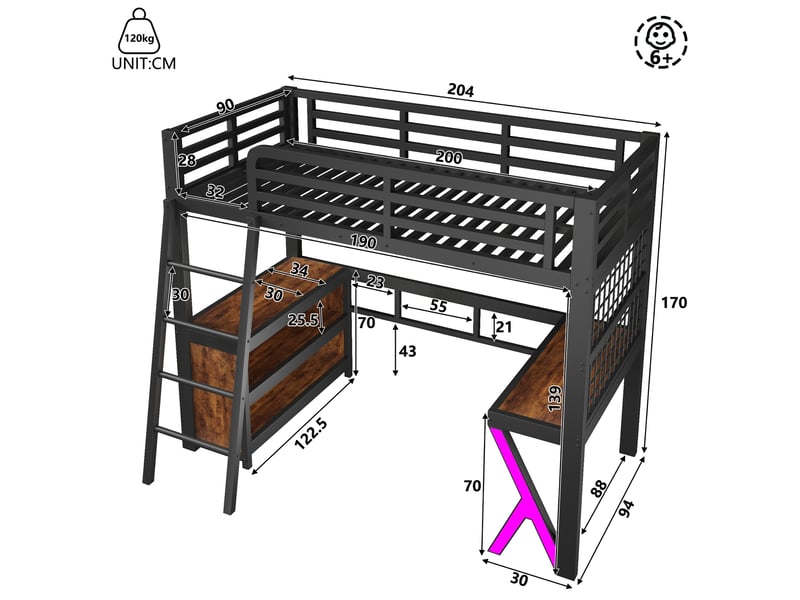  Lit mezzanine 90x200 cm avec bureau, led violette, armoire de rangement, métal et mdf, noir OMNIGLINT TRADING LTD - Conforama C