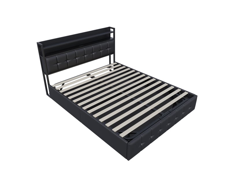 Lit double coffre - 140 x 200 cm-noir - en similicuir pu, avec tête de lit de rangement, éclairage led intelligent, prises et vérins hydrauliques  - Conforama E