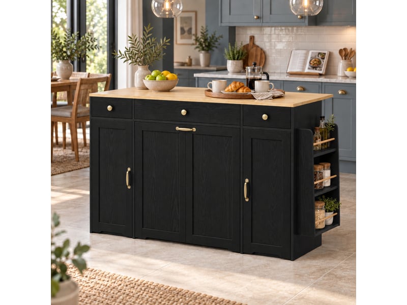  Buffet de cuisine - 136x39,8x90 cm - meuble de rangement avec plateau rabattable, 3 tiroirs, portes et étagère - noir  - Conforama D