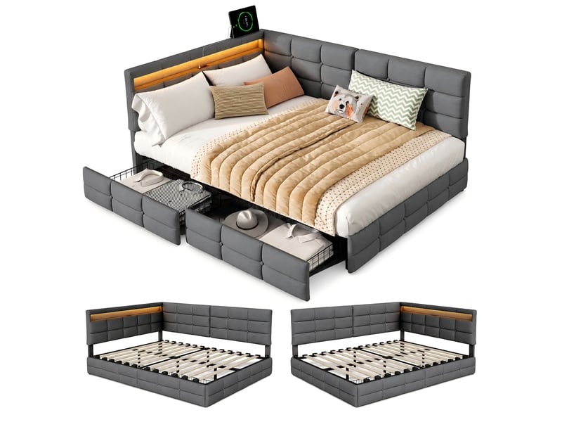 Kefsr lit double capitonné 140x190 cm, lit d'angle banquette avec 2 tiroirs, éclairage led, prises usbtype-c et sommier, tissu gris - Conforama A