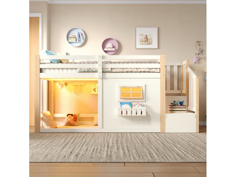  Lit mezzanine enfant 90x200 cm avec escalier de rangement et led naturel et blanc  - Conforama D