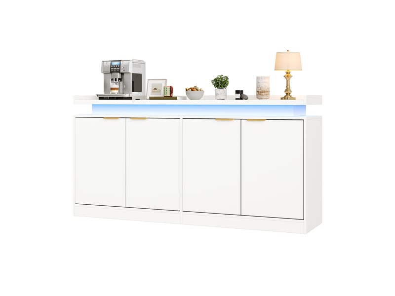Buffet 160 x 39 x 83 cm, 4 portes, éclairage led rgb contrôlable par application et compartiments ouverts, blanc - Conforama A
