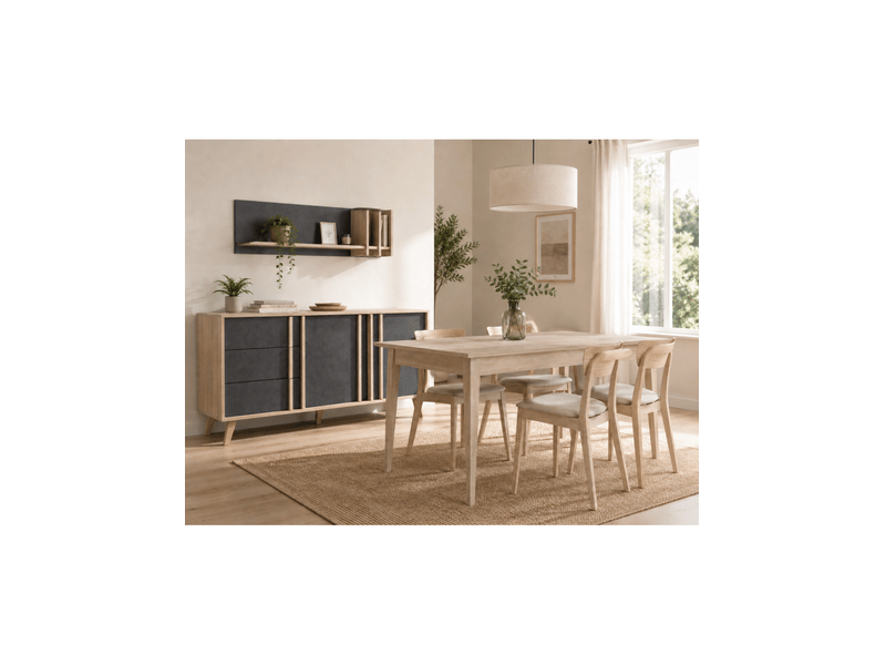 Salle à manger complète malmo avec table 160 cm, buffet 165 cm et étagère murale – chêne clair et gris - Conforama B