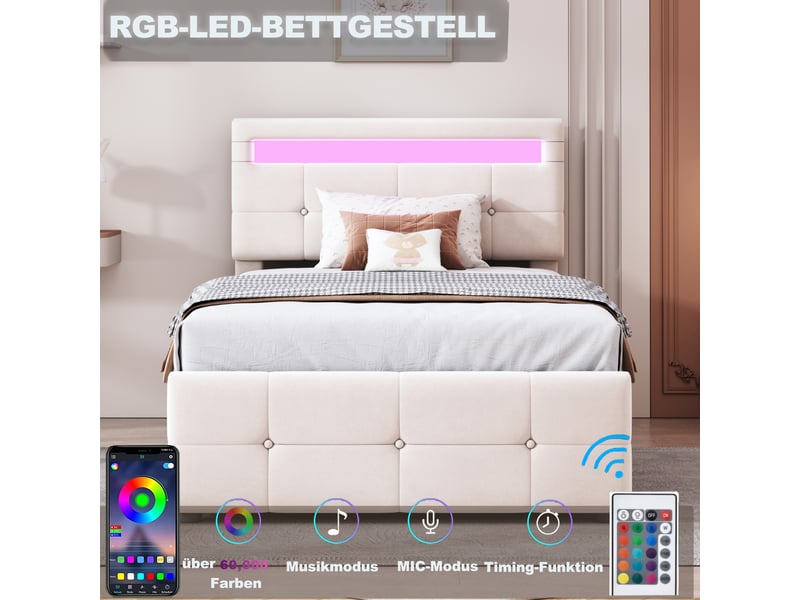 Lit enfant 90x200 cm en velours beige, led, tête de lit réglable et coffre hydraulique - Conforama B