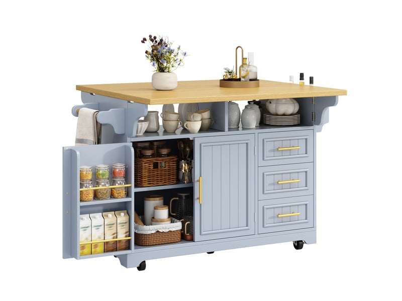  Desserte de cuisine 120x4080x95 cm, plan extensible, portes à motif vertical, 3 tiroirs, roulettes, mdf métal, bleu  - Conforama A