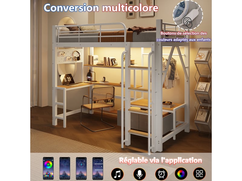Lit mezzanine enfant 90x200cm avec bureau et prises usb - panneau perforé, tiroirs en tissu, étagères, penderie et led, métal blanc evarich - Conforama D