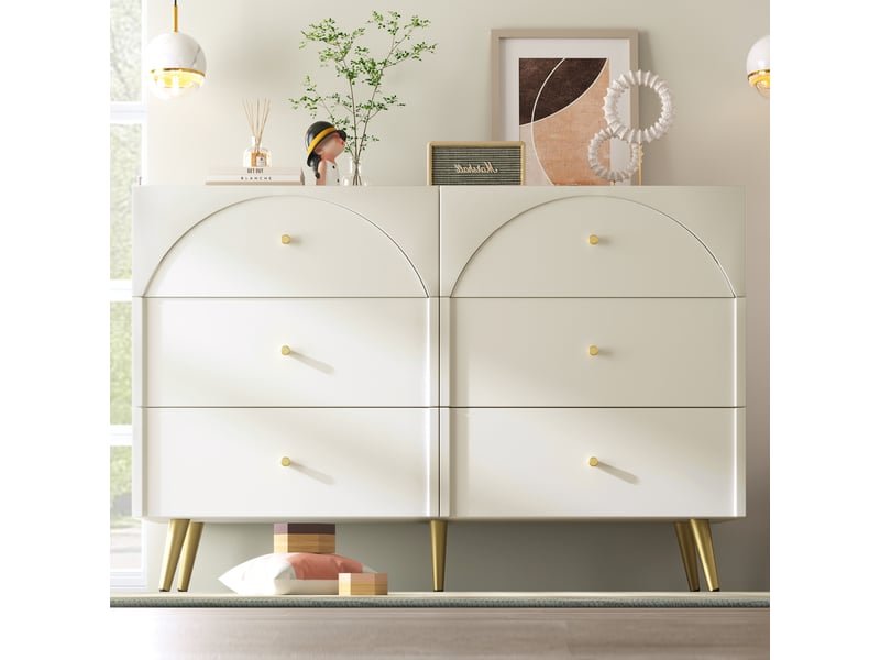  Commode avec 6 tiroirs à façades cintrées, pied réglable pour chambre en bois et métal, 120×40×85 cm crème et blanc  - Conforama C