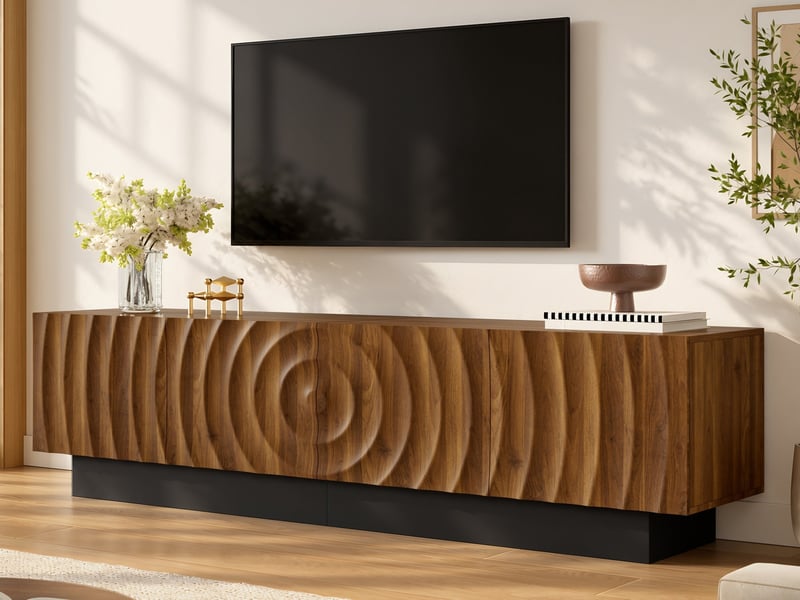  Meuble tv, 180 x 40 x 50 cm, portes à motif en relief arqué tridimensionnel, piètement noir, étagères fixes, couleur noyer  - Conforama B
