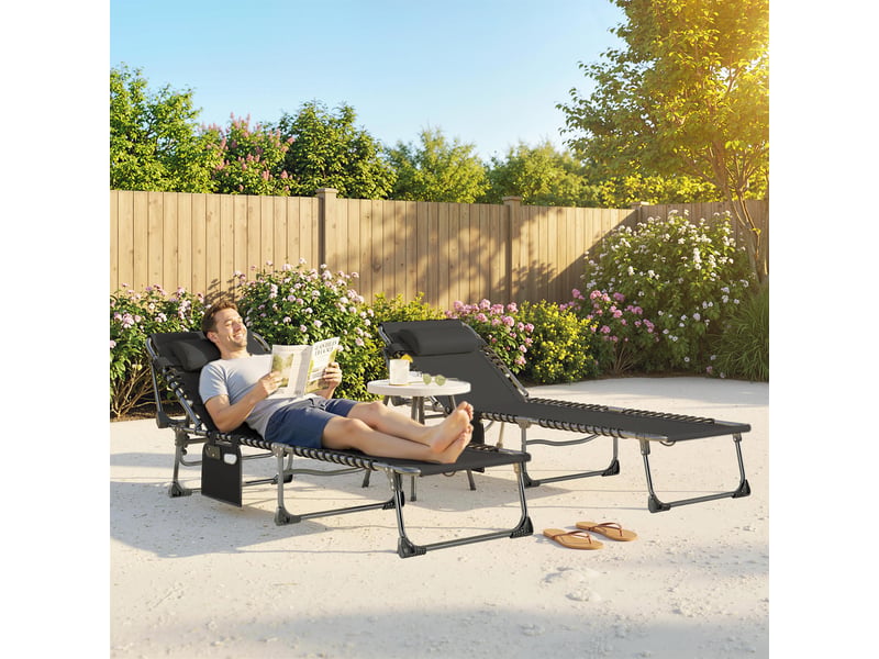 Ensemble de 2 chaises longues de jardin pliantes et inclinables à 5 positions avec coussins, 57 x 200 x 38 cm, noires - Conforama B