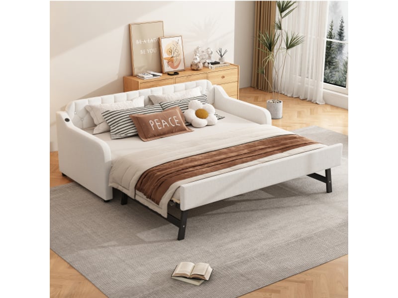  Lit gigogne 90x200 cm, avec lit escamotable et port usb, en tissu, beige, sans matelas  - Conforama B