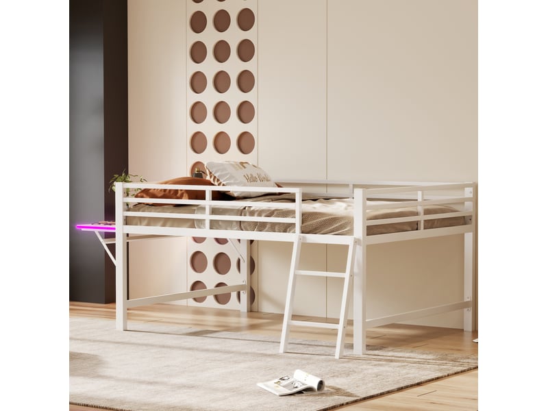  Lit mezzanine 2 places 140x200 cm en métal blanc, lit enfant adulte avec bureau pliant et led  - Conforama D