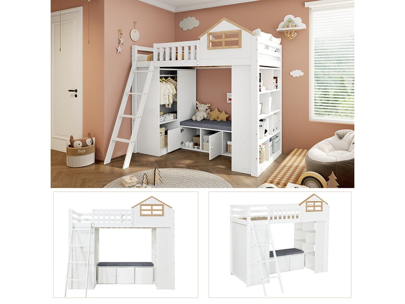 Lit mezzanine enfant 90x200 cm - avec échelle - avec armoire et étagère ouverte - banc avec rangement - bois massif + mdf - blanc (sans matelas) - Conforama R