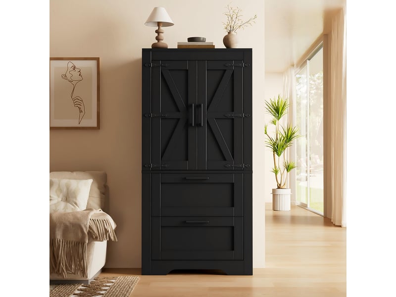 Buffet latéral 60x30x128 cm, armoire de rangement noire avec 2 tiroirs et étagères modulaires, idéal pour cuisine et salon - Conforama B
