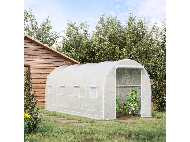  Serre tunnel de jardin de 5 x 2 x 2 m avec structure en acier et bâche en polyéthylène blanc  - Conforama C