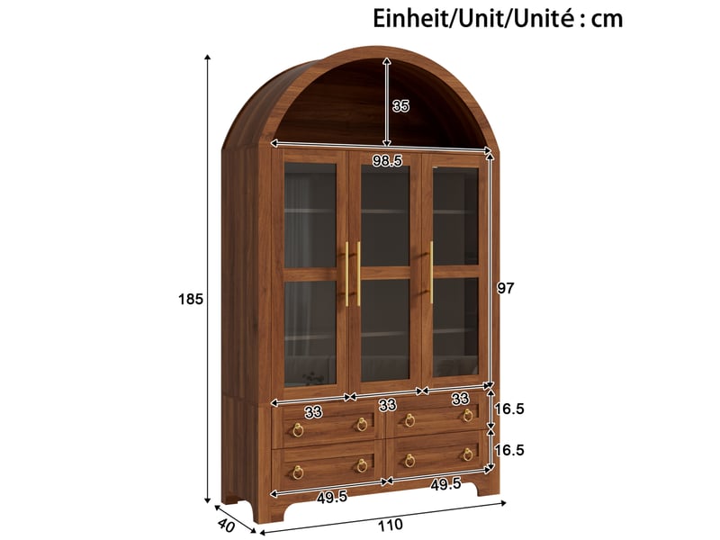 Buffet haut 110 x 40 x 185 cm avec 3 portes vitrées, 4 tiroirs et niche ouverte, décor noyer  - Conforama C