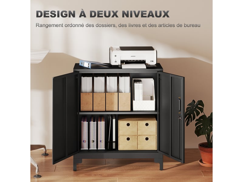  Armoire de bureau à 2 niveaux, meuble de rangement bureau métallique avec 2 portes verrouillables, noir, 80 x 35 x 91 cm  - Conforama D