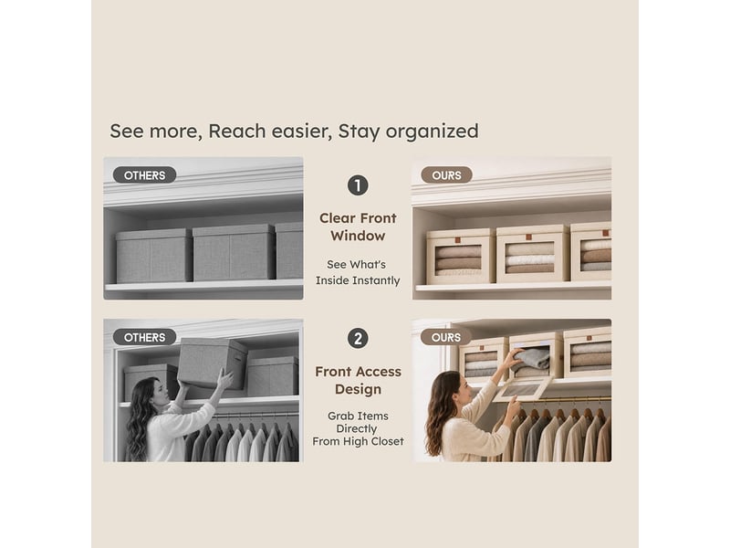  Lot de 1 bacs de rangement pliables en toile oxford beige avec fenêtre – organiseur pour vêtements et dressing  - Conforama E
