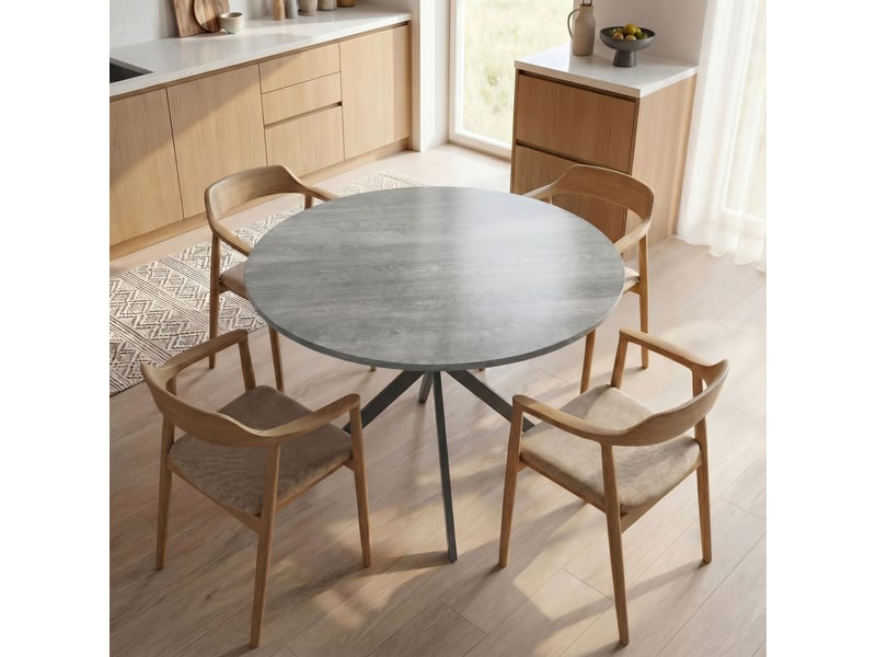  Table à manger ronde pour 4 personnes 100 cm, style industriel avec plateau aspect bois, piètement croisé en acier, gris  - Conforama A