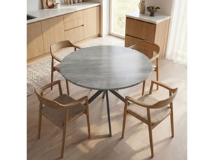 Table à manger ronde pour 4 personnes 100 cm, style industriel avec plateau aspect bois, piètement croisé en acier, gris
