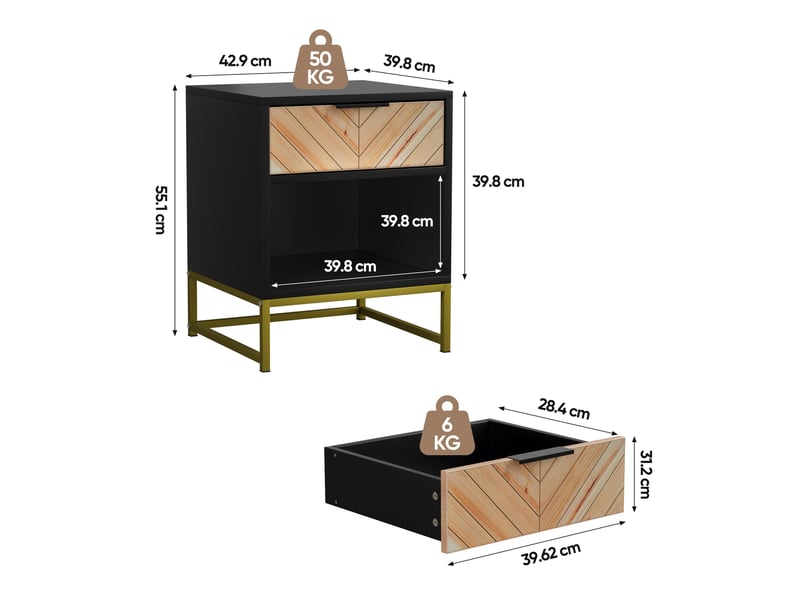  Table de chevet moderne 43x40x55 cm, 1 tiroir, 1 niche, meuble de chambre, pieds métal, mdf noir et naturel, moderne  - Conforama C