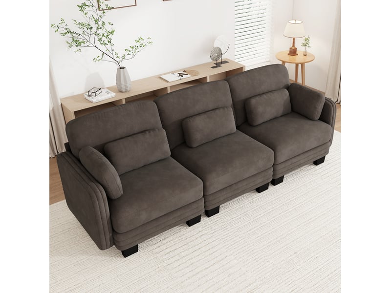  Canapé droit modulable 3 places 253x88x88 cm, coussins lombaires et accoudoirs, chenille, marron  - Conforama D